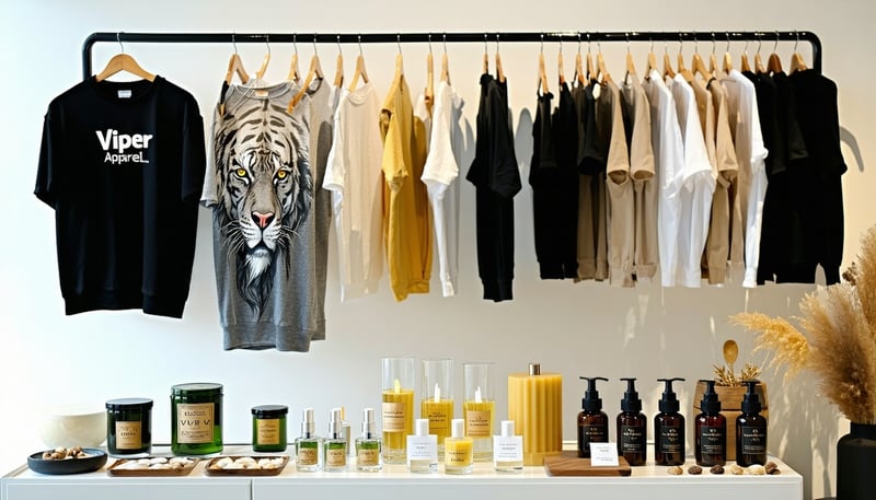 Selection of candles, clothing, oils, and perfumes from Viper Apparel Selection of candles, clothing, oils, and perfumes from Viper Apparel
